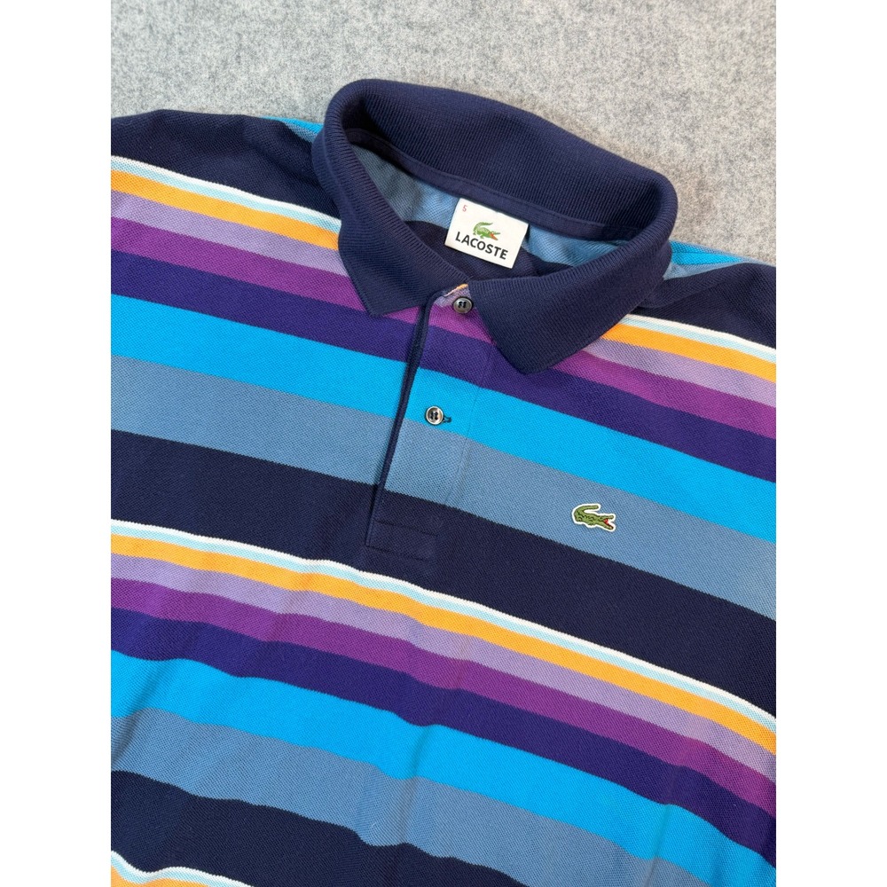 Vintage Lacoste Mens Multi Color Striped Pique‎ Polo Shirt Size 5 Blue Purple